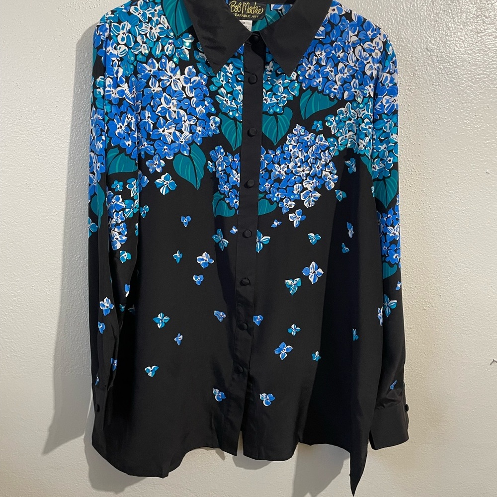 Floral Silk Beaded Embellished Garden Blouse 1X Black Blue Dressy Bob Mackie